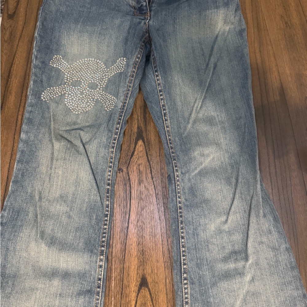 INC International Concepts Light Blue Flare Jeans with Rhinestone Skull